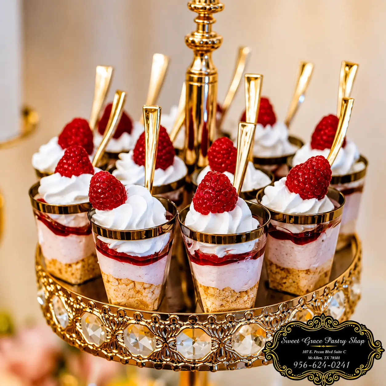 Raspberry cheesecake dessert shooters on a gold crystal stand