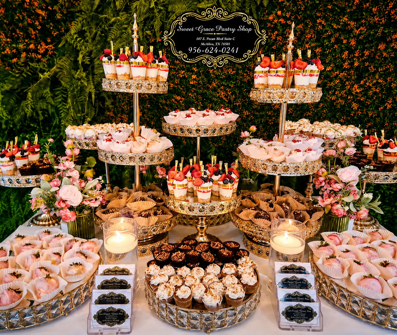 Tiered gold stands of mini cheesecakes and cupcakes against a floral wall