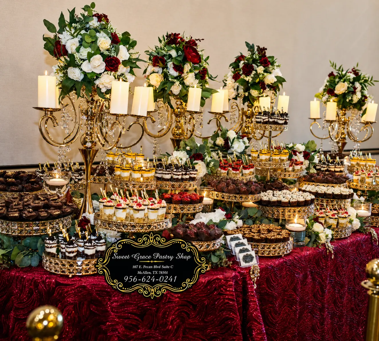 Burgundy and gold wedding dessert table with candelabras and mini desserts