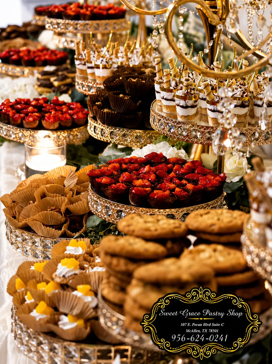 Strawberry tarts, cookies and mini desserts on crystal gold stands