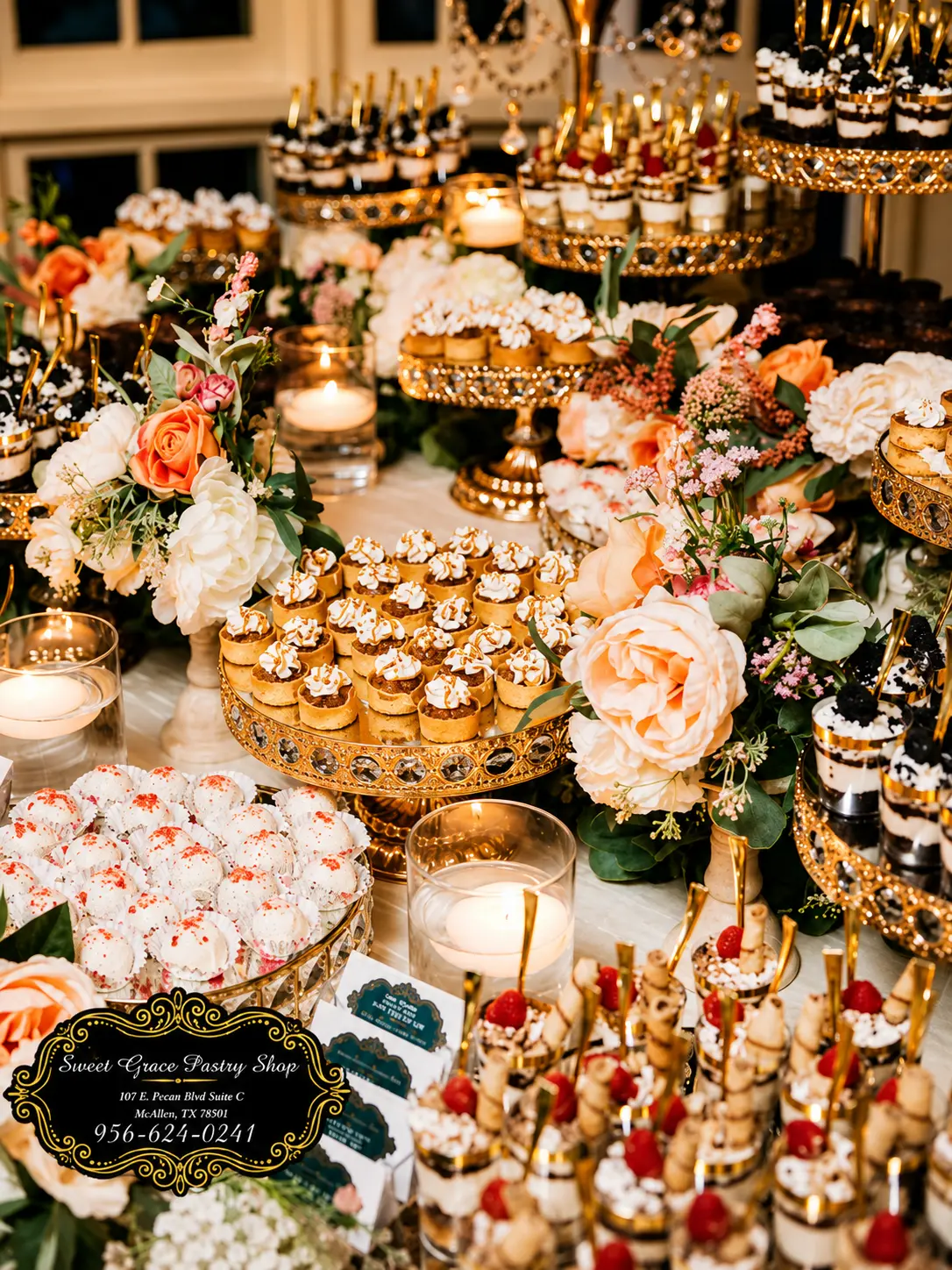 Peach and cream dessert spread with candles and gold trays