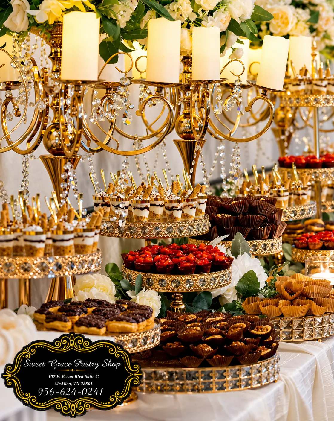 Blush and gold wedding dessert table with tiered stands of mini desserts