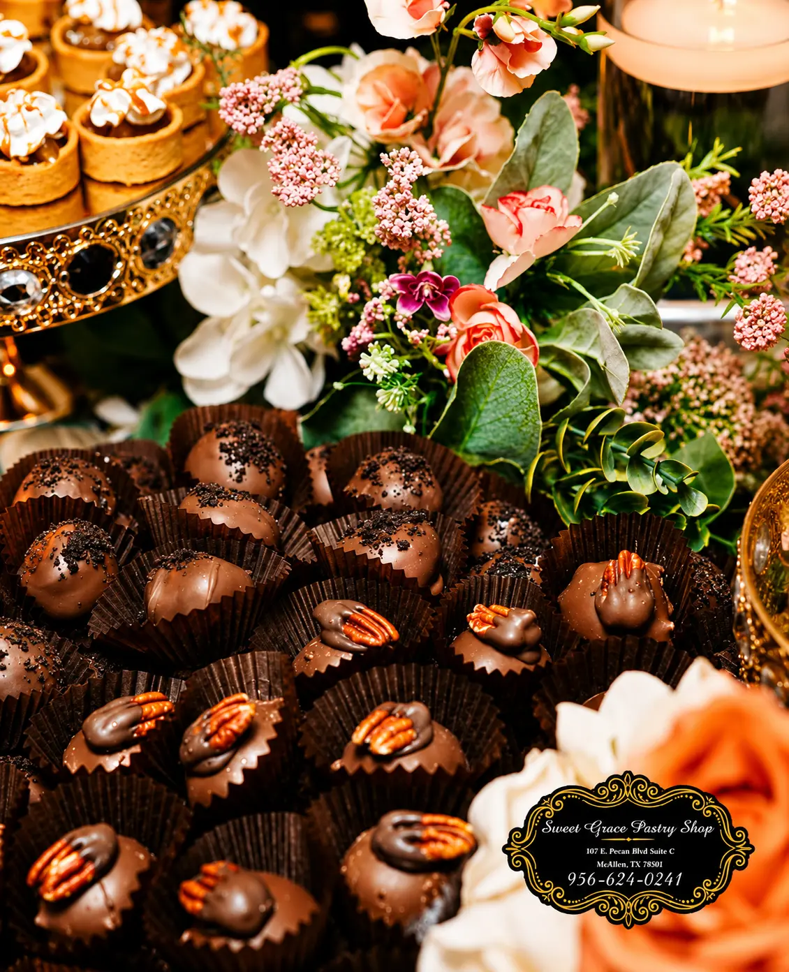 Chocolate pecan truffles beside pastel florals